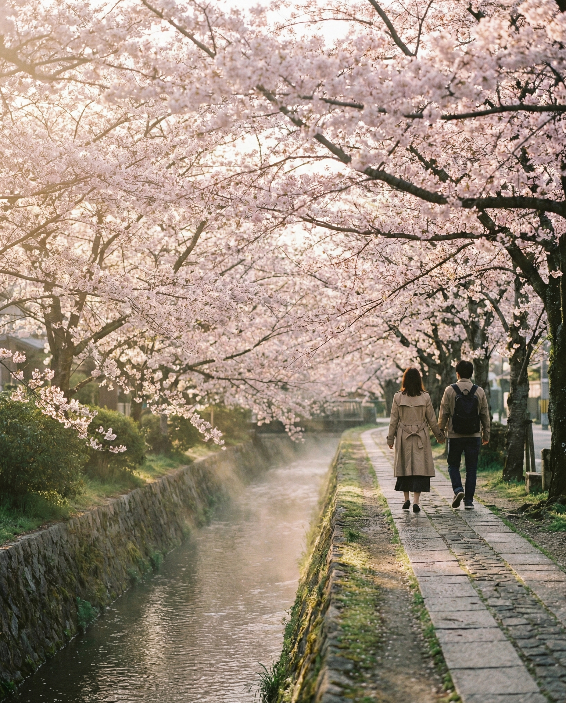 Couple Walking Under Cherry Blossoms
